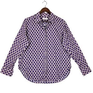 0039 Italy Womens Blouse M Purple Polka Dot 100% Cotton Button Down Long Sleeve